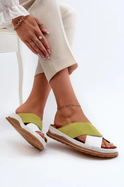 Skórzane Profilowane Klapki Maciejka 04986-11 Limonkowe