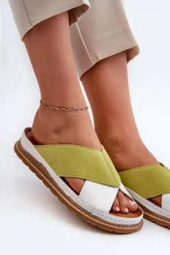 Skórzane Profilowane Klapki Maciejka 04986-11 Limonkowe