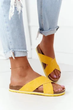 Skórzane Profilowane Klapki Big Star HH274596 Żółte