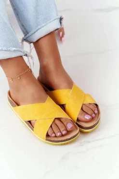 Skórzane Profilowane Klapki Big Star HH274596 Żółte