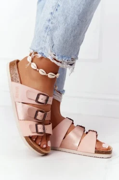 Skórzane Profilowane Klapki Big Star HH274586 Różowo-Miedziane