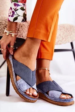 Skórzane Profilowane Klapki Maciejka 04986-17 Niebieskie