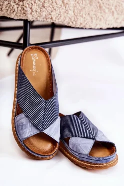 Skórzane Profilowane Klapki Maciejka 04986-17 Niebieskie