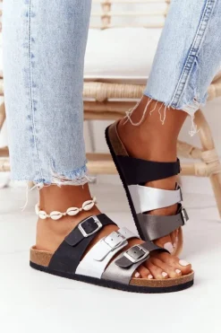 Skórzane Profilowane Klapki Big Star HH274588 Czarno-Srebrne