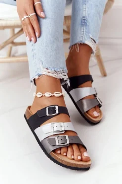 Skórzane Profilowane Klapki Big Star HH274588 Czarno-Srebrne