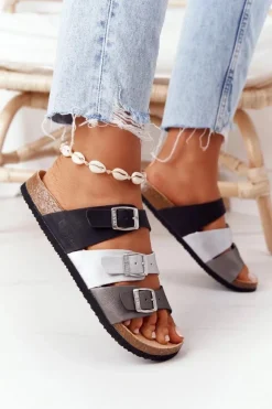 Skórzane Profilowane Klapki Big Star HH274588 Czarno-Srebrne