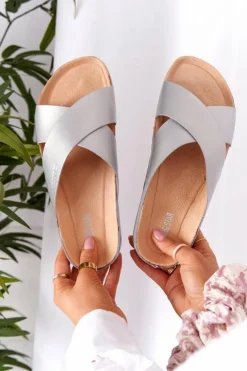 Skórzane Profilowane Klapki Big Star HH274650 Srebrne