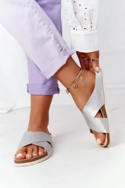 Skórzane Profilowane Klapki Big Star HH274650 Srebrne