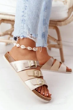 Skórzane Profilowane Klapki Big Star HH274585 Beżowo-Złote