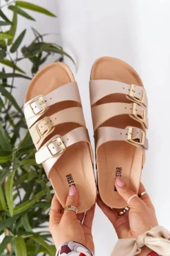 Skórzane Profilowane Klapki Big Star HH274585 Beżowo-Złote