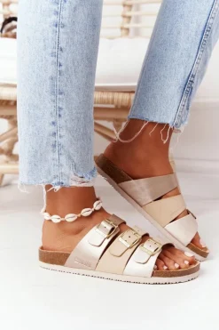 Skórzane Profilowane Klapki Big Star HH274585 Beżowo-Złote