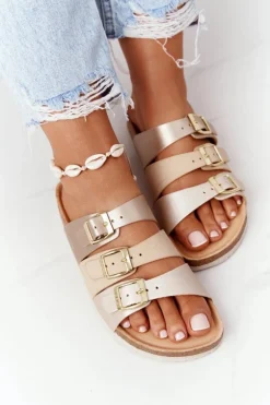 Skórzane Profilowane Klapki Big Star HH274585 Beżowo-Złote