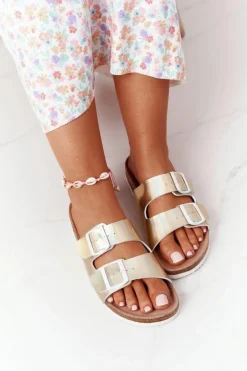 Skórzane Profilowane Klapki Big Star HH274896 Złote