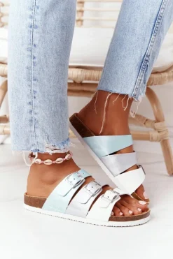 Skórzane Profilowane Klapki Big Star HH274587 Turkusowo-Srebrne