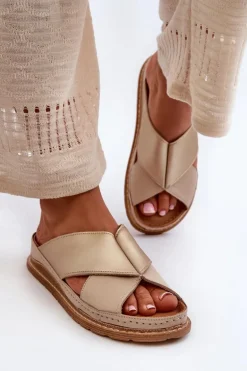 Skórzane Profilowane Klapki Maciejka 04986-04 Złoto-Beżowe