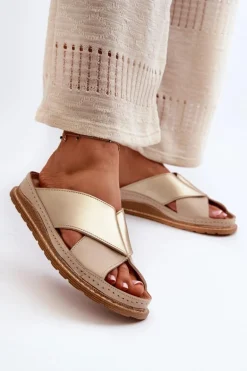 Skórzane Profilowane Klapki Maciejka 04986-04 Złoto-Beżowe