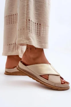 Skórzane Profilowane Klapki Maciejka 04986-04 Złoto-Beżowe