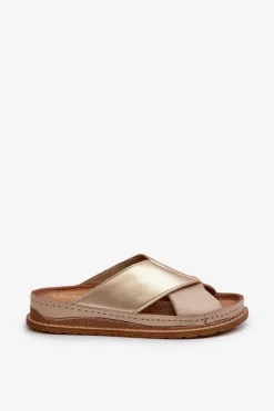 Skórzane Profilowane Klapki Maciejka 04986-04 Złoto-Beżowe