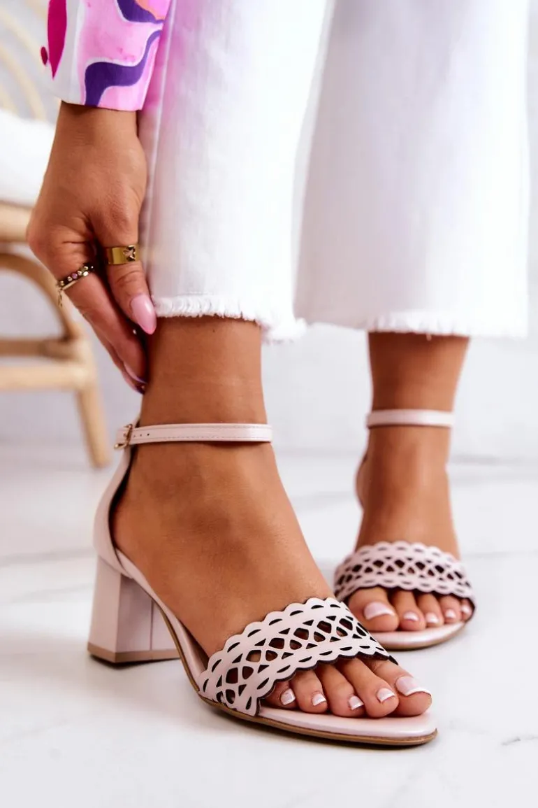 Skórzane Sandałki Ażurowe Lewski 2869/2 Perłowy Beż