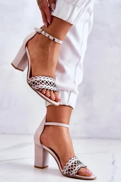 Skórzane Sandałki Ażurowe Lewski 2869 Perłowy Róż