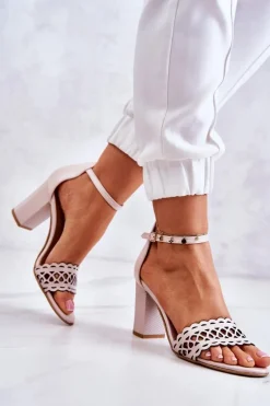 Skórzane Sandałki Ażurowe Lewski 2869 Perłowy Róż
