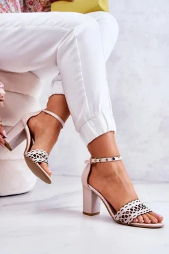 Skórzane Sandałki Ażurowe Lewski 2869 Perłowy Róż