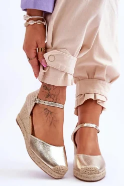 Skórzane Sandałki Espadryle Na Koturnie Złote Cammer