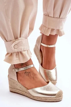 Skórzane Sandałki Espadryle Na Koturnie Złote Cammer