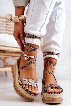 Skórzane Sandałki Espadryle Na Koturnie Beżowo-Brązowe Shanny