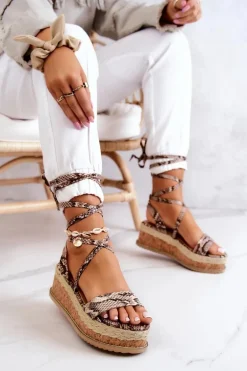 Skórzane Sandałki Espadryle Na Koturnie Beżowo-Brązowe Shanny