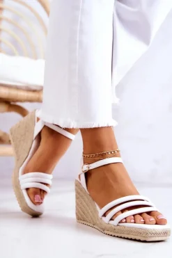 Skórzane Sandałki Na Koturnie Białe Louisiana
