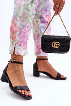 Skórzane Sandałki Na Obcasie Gładkie Czarne Inspire Me!