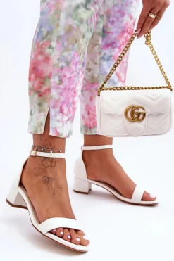 Skórzane Sandałki Na Obcasie Gładkie Białe Inspire Me!