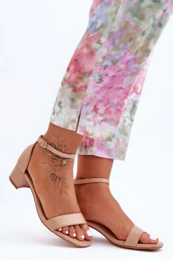 Skórzane Sandałki Na Obcasie Gładkie Beżowe Inspire Me!