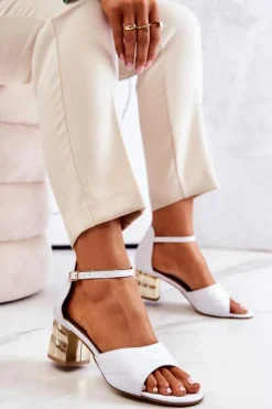 Skórzane Sandałki Na Słupku Lewski 3027 Białe