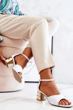 Skórzane Sandałki Na Słupku Lewski 3027 Białe