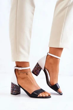 Skórzane Sandałki Na Słupku Czarno-Białe Lorene