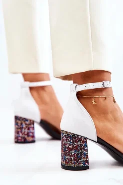 Skórzane Sandałki Na Słupku Czarno-Białe Lorene