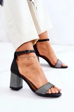 Skórzane Sandałki Na Słupku Czarno-Srebrne Lorene