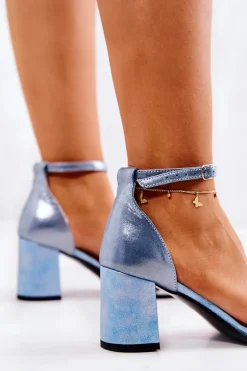 Skórzane Sandałki Na Słupku Niebiesko-Białe Lorene