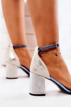 Skórzane Sandałki Na Słupku Przecierane Niebieskie Lorene