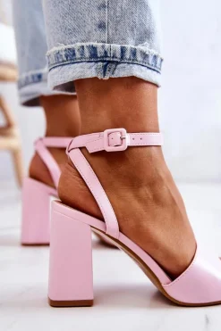 Skórzane Sandałki Na Słupku Różowe Estrella
