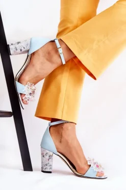 Skórzane Sandałki Na Słupku Z Kryształkami Niebieskie Velinda