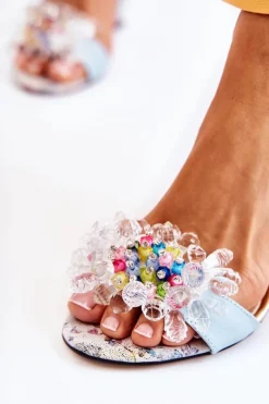 Skórzane Sandałki Na Słupku Z Kryształkami Niebieskie Velinda