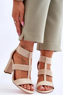 Skórzane Sandały Botki Na Obcasie Beżowe Marren