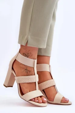 Skórzane Sandały Botki Na Obcasie Beżowe Marren