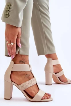 Skórzane Sandały Botki Na Obcasie Beżowe Marren