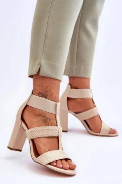 Skórzane Sandały Botki Na Obcasie Beżowe Marren