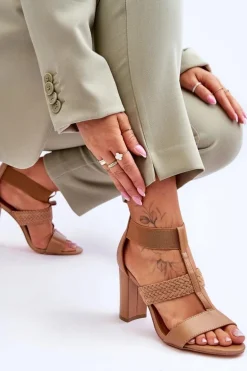 Skórzane Sandały Botki Na Obcasie Camel Marren