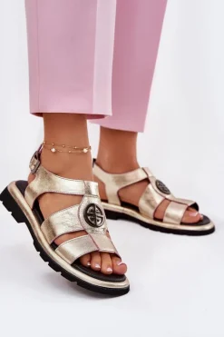 Skórzane Sandały Damskie Lakierowane Z Ozdobnym Detalem Artiker 56C0689 Złote